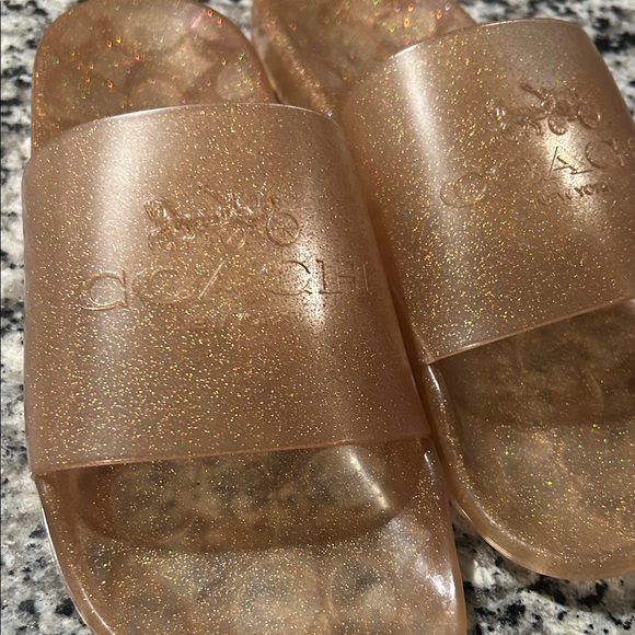 NWT Women’s Sz 10 Coach Ulyssa Metallic Gold Glitter Slides Sandals - Picture 2 of 4